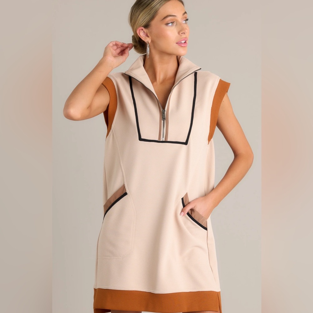 Style U Size Large‎ Sleeveless Beige and Brown Zip-Up Boutique Dress